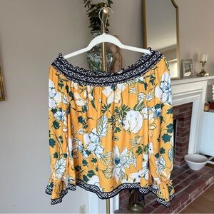 Flying Tomato Off Shoulder Boho Blouse Mustard Yellow Peasant Top Medium